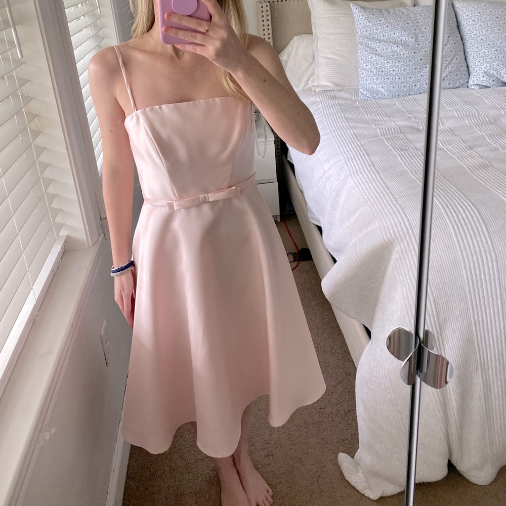 Alfred Sung Blush Bow-Waist Full Skirt Satin Midi Dress